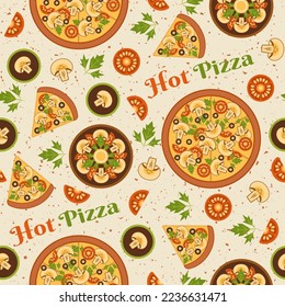 Patrón sin foco con pizza de champiñones, perejil, rodajas de tomate. Fondo texturado. Elementos de estilo geométrico sencillo. Buena imagen de marca, decoración de paquetes de alimentos, diseño de cubiertas, estampados decorativos