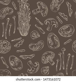 Seamless pattern with mushroom: shiitake, muer, straw mushroom cao gu and enokitake. Vector hand drawn illustration