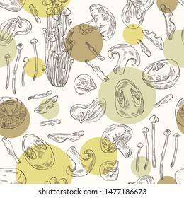 Seamless pattern with mushroom: shiitake, muer, straw mushroom cao gu and enokitake. Vector hand drawn illustration