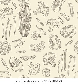 Seamless pattern with mushroom: shiitake, muer, straw mushroom cao gu and enokitake. Vector hand drawn illustration