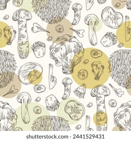 Seamless pattern with mushroom:  thelephora ganbajun, tricholoma matsutake, hericium erinaceus and auricularia polytricha. Vector hand drawn illustration