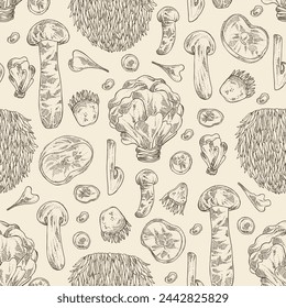 Seamless pattern with mushroom:  thelephora ganbajun, tricholoma matsutake, hericium erinaceus and auricularia polytricha. Vector hand drawn illustration