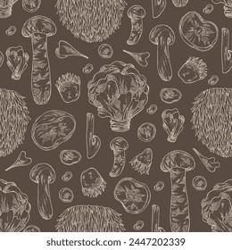 Seamless pattern with mushroom:  thelephora ganbajun, tricholoma matsutake, hericium erinaceus and auricularia polytricha. Vector hand drawn illustration