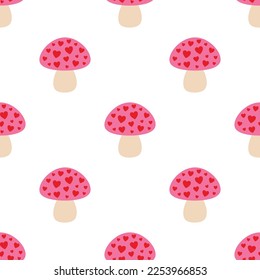 Seamless pattern Mushroom Valentines day with hearts vector illustration