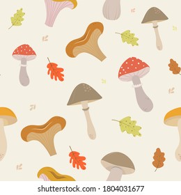 Seamless pattern. Mushroom pattern, vector illustrations isolated on white. Chanterelle, honey agaric, morel,  agaric, boletus, orange-cap boletus, porcini. Forest plants. Autumn season. 