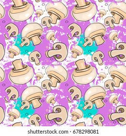 Seamless Pattern Mushroom Vegetables Ornament Background Vector Illustration