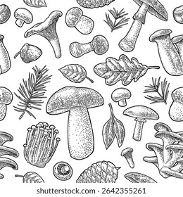 Seamless pattern mushroom. Vintage vector engraving black illustration. Isolated on white