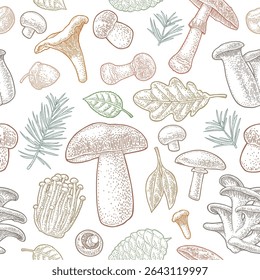 Seamless pattern mushroom. Vintage vector engraving color illustration. Isolated on white