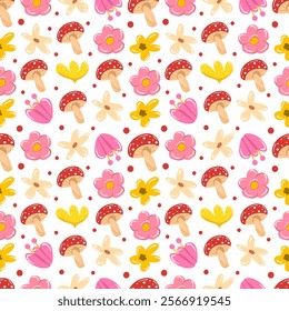 Seamless pattern of  mushroom and wildflowers decoration for fabric or wrapping paper.