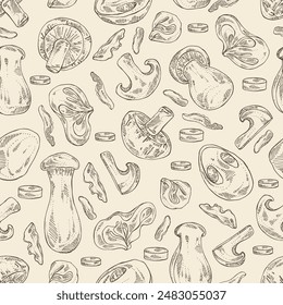 Seamless pattern with mushroom: wood ears, muer mushroom, eringi, cao gu, shiitake. Vector hand drawn illustration