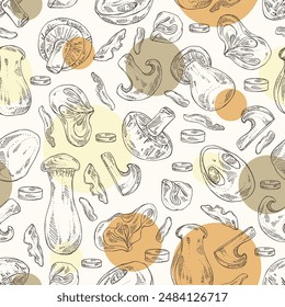 Seamless pattern with mushroom: wood ears, muer mushroom, eringi, cao gu, shiitake. Vector hand drawn illustration