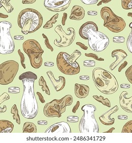 Seamless pattern with mushroom: wood ears, muer mushroom, eringi, cao gu, shiitake. Vector hand drawn illustration