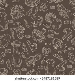 Seamless pattern with mushroom: wood ears, muer mushroom, eringi, cao gu, shiitake. Vector hand drawn illustration