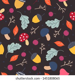 Seamless pattern with mushrooms, acorns, leaves, and branches. Vector texture. Design for seasonal textile, prints, scrapbook, wrapping paper,  wallpaper, pattern fills, web page background