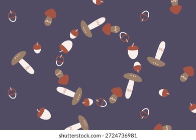 Nahtloses Muster mit Pilzen und Eicheln. Pilze und Eicheln auf dunklem Hintergrund. Design mit Naturmotiven mit Pilzen und Eicheln für den Herbst. Vektorgrafik mit Doodle.