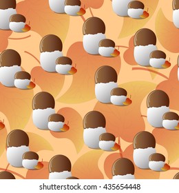 A seamless pattern, mushrooms against leaves. Vector illustration.