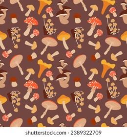 Seamless pattern with mushrooms: amanita, white mushroom, chanterelles, honey agarics, mushrooms, fly agarics, morels. Cartoon style.