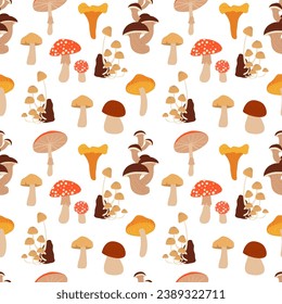 Seamless pattern with mushrooms: amanita, white mushroom, chanterelles, honey agarics, mushrooms, fly agarics, morels. Cartoon style.