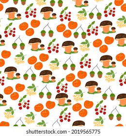 Seamless pattern with mushrooms and apples and acorns and berries.
