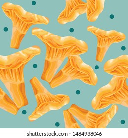 Seamless pattern with mushrooms. Autumn background. Mushroom chanterelle. Wallpaper, print, packaging, paper, textile design. Vector illustration.