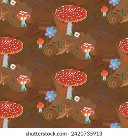 Seamless pattern of mushrooms. Autumn forest floor seamless pattern. 