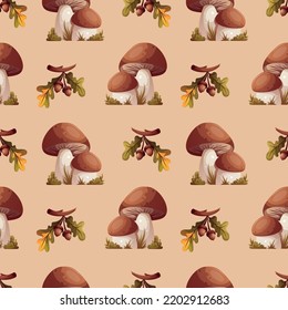 Seamless pattern with mushrooms. Autumn, harvest, thanksgiving day, fall concept. Vector illustration. Perfect for product design, wallpaper, scrapbooking.