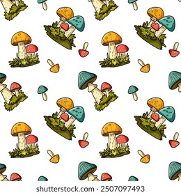 Seamless pattern of mushrooms in autumn, harvest, vector