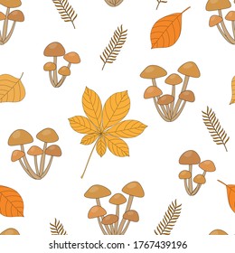 Seamless pattern mushrooms autumn leaves vector illustration