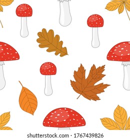 Seamless pattern mushrooms autumn leaves vector illustration.