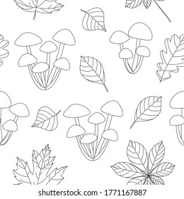 Seamless pattern mushrooms autumn leaves vector illustration black and white colors