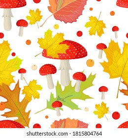 Seamless pattern with mushrooms, autumn leaves and berries. Forest ornament on white background.