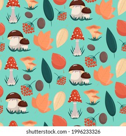 Seamless pattern with mushrooms and autumn leaves, vector illustration in flat style.