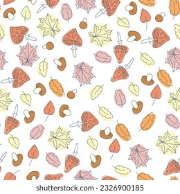 Seamless pattern of mushrooms and autumn leaves. Toadstools Autumn. Vegetable print. A pattern of simple elements. Vector illustration.
