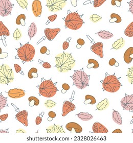 Patrón sin foco de hongos y hojas de otoño. Toadstools Otoño. Impresión vegetal. Un patrón de elementos simples. Ilustración vectorial.