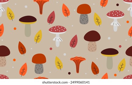 Seamless pattern with mushrooms and autumn leaves. Vector illustration. Autumn leaves and mushrooms background