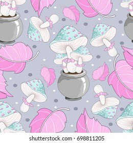 Seamless pattern with mushrooms and autumn leaves. Mushrooms. Vector illustration.