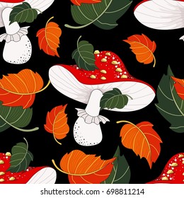 Seamless pattern with mushrooms and autumn leaves. Mushrooms. Vector illustration.