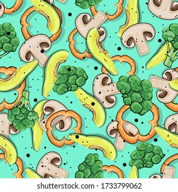 Seamless pattern with mushrooms, avocado, pepper and broccoli. Vegan background