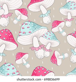 Seamless pattern with mushrooms in the background. Baby cartoon background. Good for birthday, Wallpaper, pattern, texture surface, print on fabric and paper.