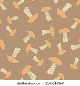 Seamless pattern with mushrooms. Background of forest autumn vegetable in doodle style. Repeated design texture for printing, fabric, wrapping, wallpaper, tissue. Vector illustration.
