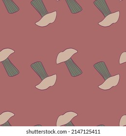 Seamless pattern with mushrooms. Background of forest autumn vegetable in doodle style. Repeated design texture for printing, fabric, wrapping, wallpaper, tissue. Vector illustration.