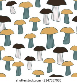 Seamless pattern with mushrooms. Background of forest autumn vegetable in doodle style. Repeated design texture for printing, fabric, wrapping, wallpaper, tissue. Vector illustration.