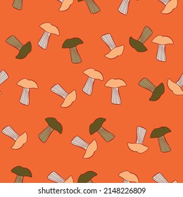 Seamless pattern with mushrooms. Background of forest autumn vegetable in doodle style. Repeated design texture for printing, fabric, wrapping, wallpaper, tissue. Vector illustration.