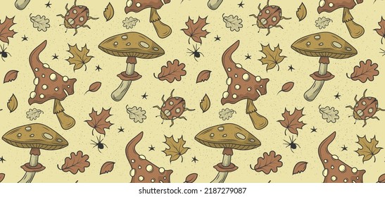 Seamless pattern with mushrooms, beetles and autumn leaves. Suitable for wallpaper, gift paper, pattern fill, web page background, autumn greeting cards.