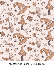 Seamless pattern with mushrooms, beetles, autumn leaves and halloween traditional symbols. Suitable for wallpaper, gift paper, pattern fill, web page background, autumn greeting cards.