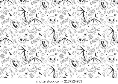 Seamless pattern with mushrooms, beetles, autumn leaves and halloween traditional symbols. Suitable for wallpaper, gift paper, pattern fill, web page background, autumn greeting cards.