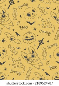 Seamless pattern with mushrooms, beetles, autumn leaves and halloween traditional symbols. Suitable for wallpaper, gift paper, pattern fill, web page background, autumn greeting cards.