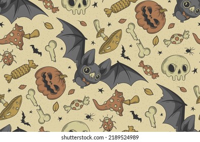 Seamless pattern with mushrooms, beetles, autumn leaves and halloween traditional symbols. Suitable for wallpaper, gift paper, pattern fill, web page background, autumn greeting cards.