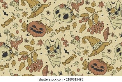 Seamless pattern with mushrooms, beetles, autumn leaves and halloween traditional symbols. Suitable for wallpaper, gift paper, pattern fill, web page background, autumn greeting cards.
