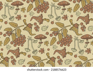 Seamless pattern with mushrooms, beetles, rowan and autumn leaves. Suitable for wallpaper, gift paper, pattern fill, web page background, autumn greeting cards.